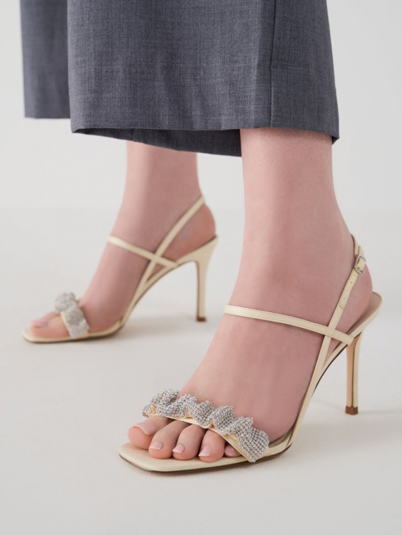 σανδαλια με τακουνι Charles And Keith Gem-Embellished Satin Stiletto κίτρινα | 52198-BFTX
