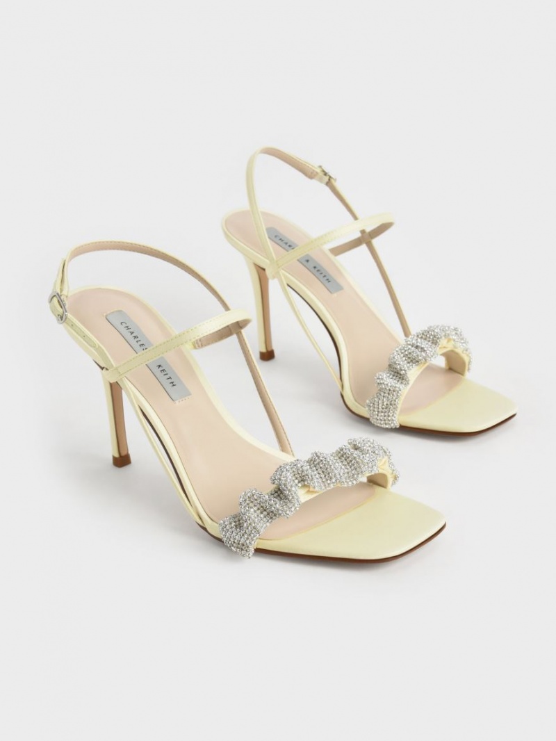 σανδαλια με τακουνι Charles And Keith Gem-Embellished Satin Stiletto κίτρινα | 52198-BFTX