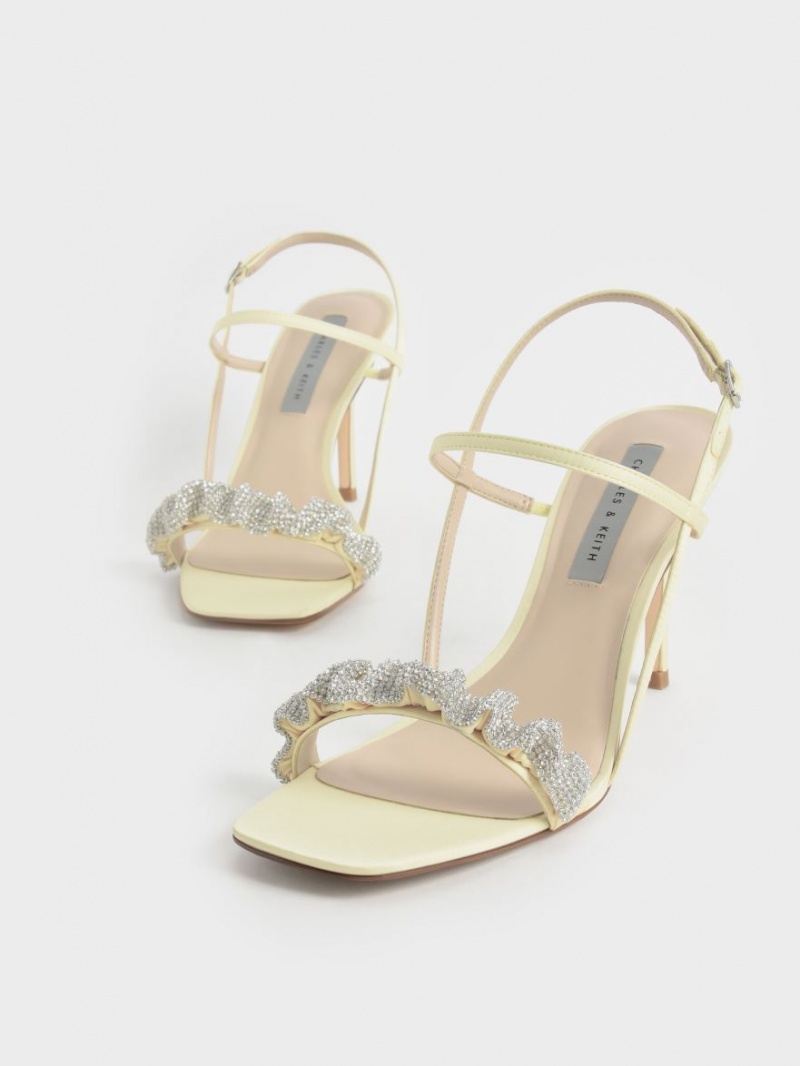 σανδαλια με τακουνι Charles And Keith Gem-Embellished Satin Stiletto κίτρινα | 52198-BFTX