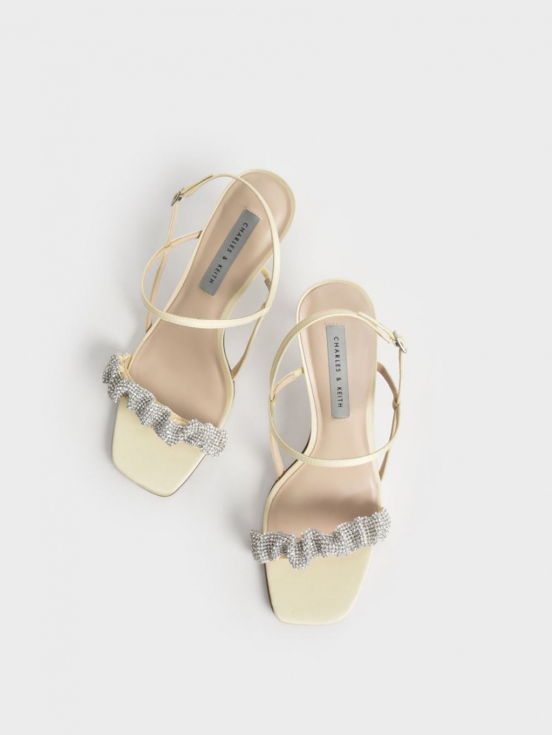 σανδαλια με τακουνι Charles And Keith Gem-Embellished Satin Stiletto κίτρινα | 52198-BFTX