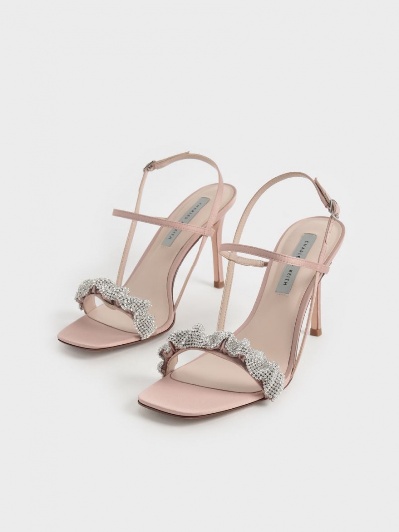 σανδαλια με τακουνι Charles And Keith Gem-Embellished Satin Stiletto ροζ | 68423-ZXWI