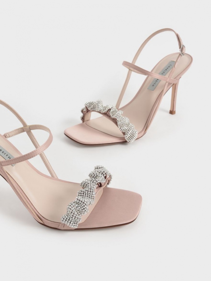 σανδαλια με τακουνι Charles And Keith Gem-Embellished Satin Stiletto ροζ | 68423-ZXWI
