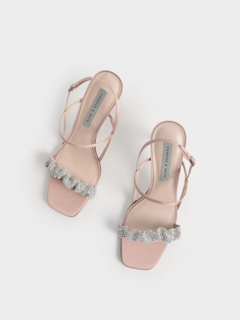 σανδαλια με τακουνι Charles And Keith Gem-Embellished Satin Stiletto ροζ | 68423-ZXWI