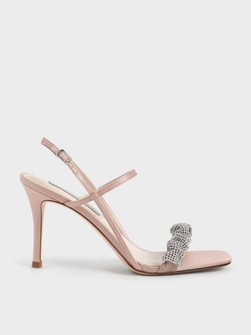σανδαλια με τακουνι Charles And Keith Gem-Embellished Satin Stiletto ροζ | 68423-ZXWI