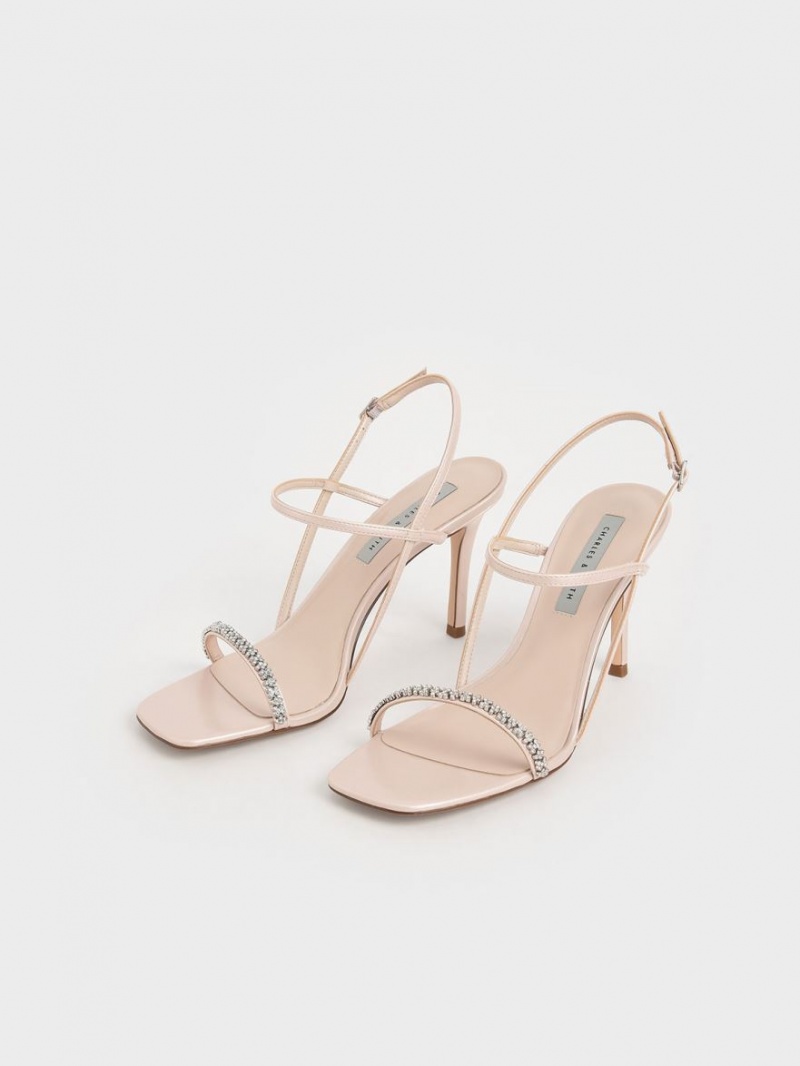 Σανδάλια Με Λουριά Charles And Keith Gem-Embellished Μπεζ | 97651-AGFY
