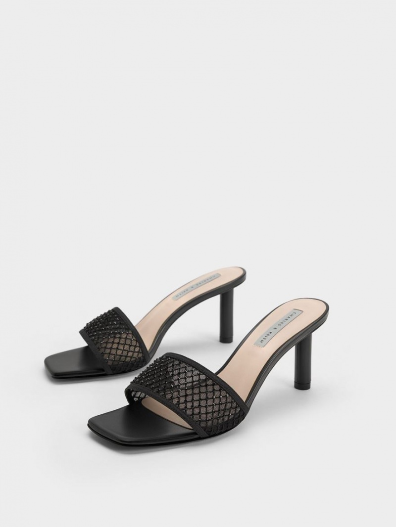 σανδαλια με τακουνι Charles And Keith Gem-Encrusted Cylindrical Heel Mesh μαυρα | 08924-GRQC