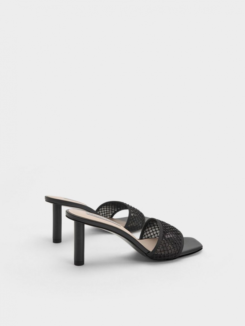 σανδαλια με τακουνι Charles And Keith Gem-Encrusted Cylindrical Heel Mesh μαυρα | 08924-GRQC