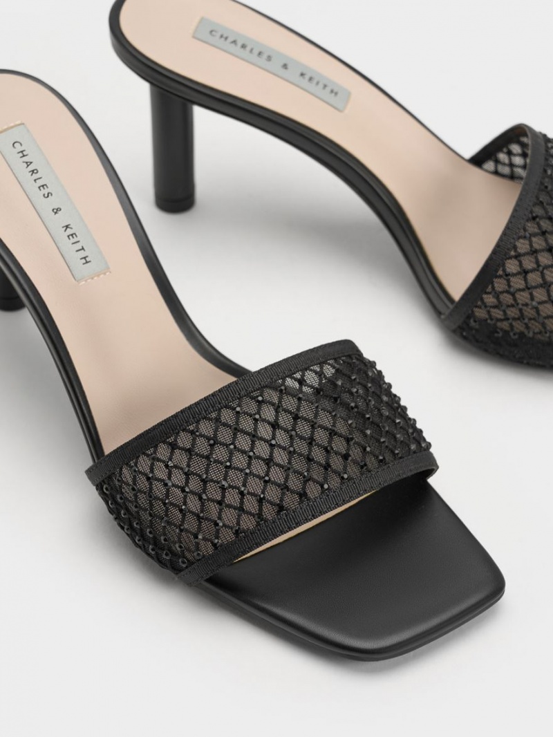 σανδαλια με τακουνι Charles And Keith Gem-Encrusted Cylindrical Heel Mesh μαυρα | 08924-GRQC