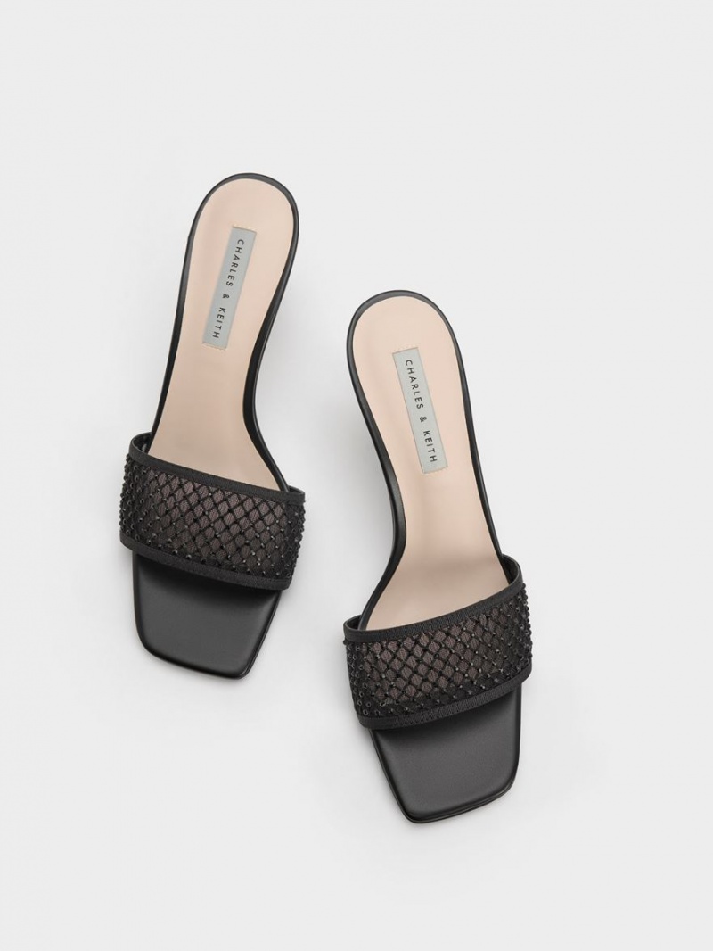 σανδαλια με τακουνι Charles And Keith Gem-Encrusted Cylindrical Heel Mesh μαυρα | 08924-GRQC