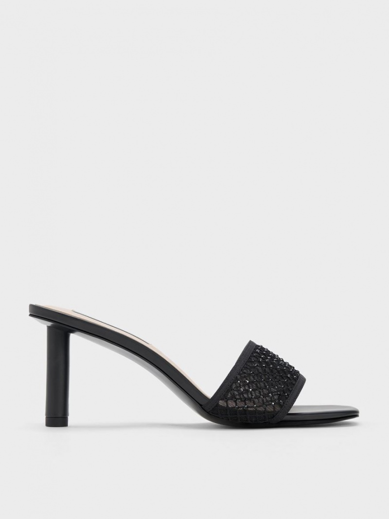 σανδαλια με τακουνι Charles And Keith Gem-Encrusted Cylindrical Heel Mesh μαυρα | 08924-GRQC