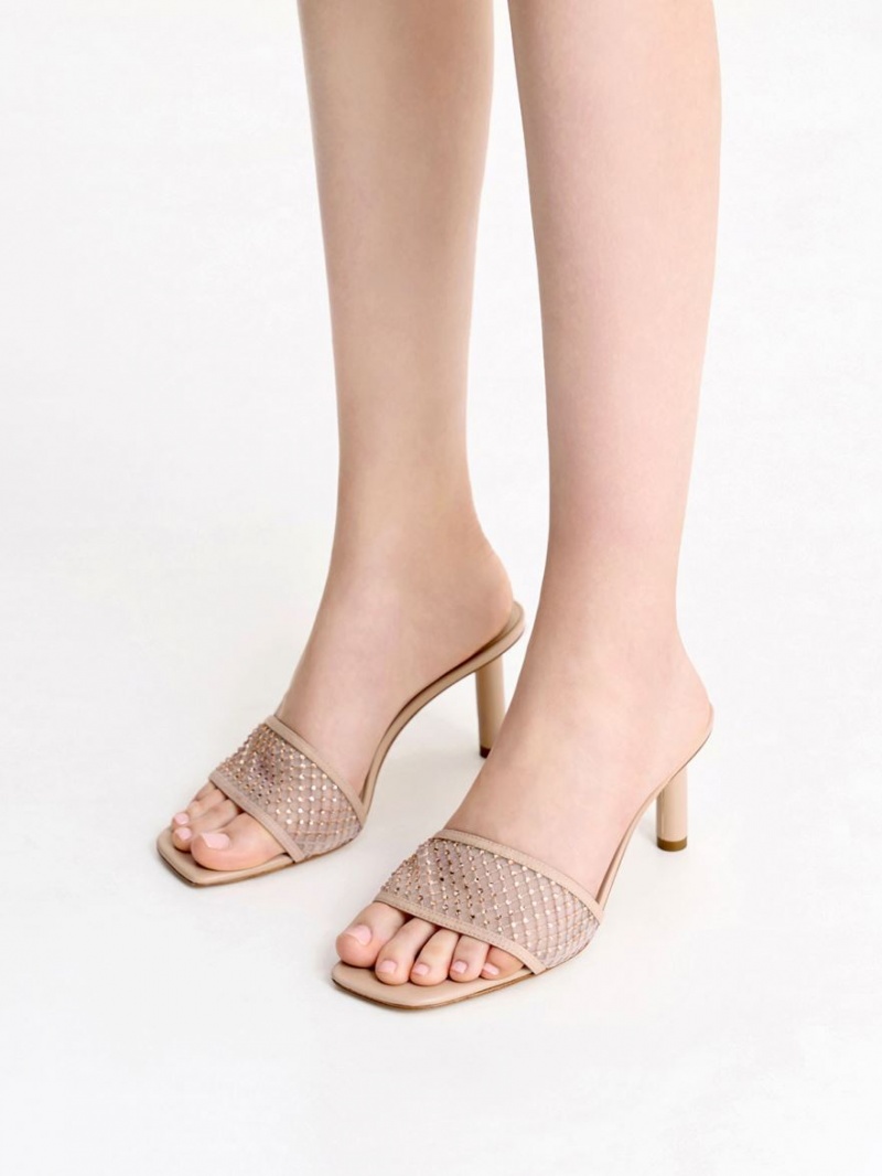 σανδαλια με τακουνι Charles And Keith Gem-Encrusted Cylindrical Heel Mesh Μπεζ | 60572-EMKZ