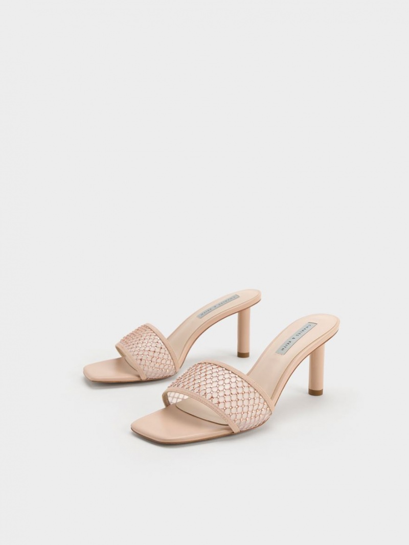 σανδαλια με τακουνι Charles And Keith Gem-Encrusted Cylindrical Heel Mesh Μπεζ | 60572-EMKZ