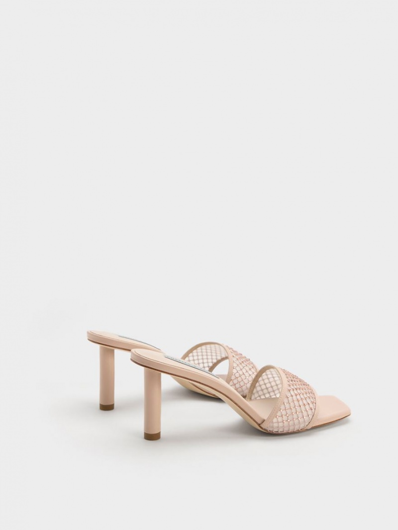 σανδαλια με τακουνι Charles And Keith Gem-Encrusted Cylindrical Heel Mesh Μπεζ | 60572-EMKZ