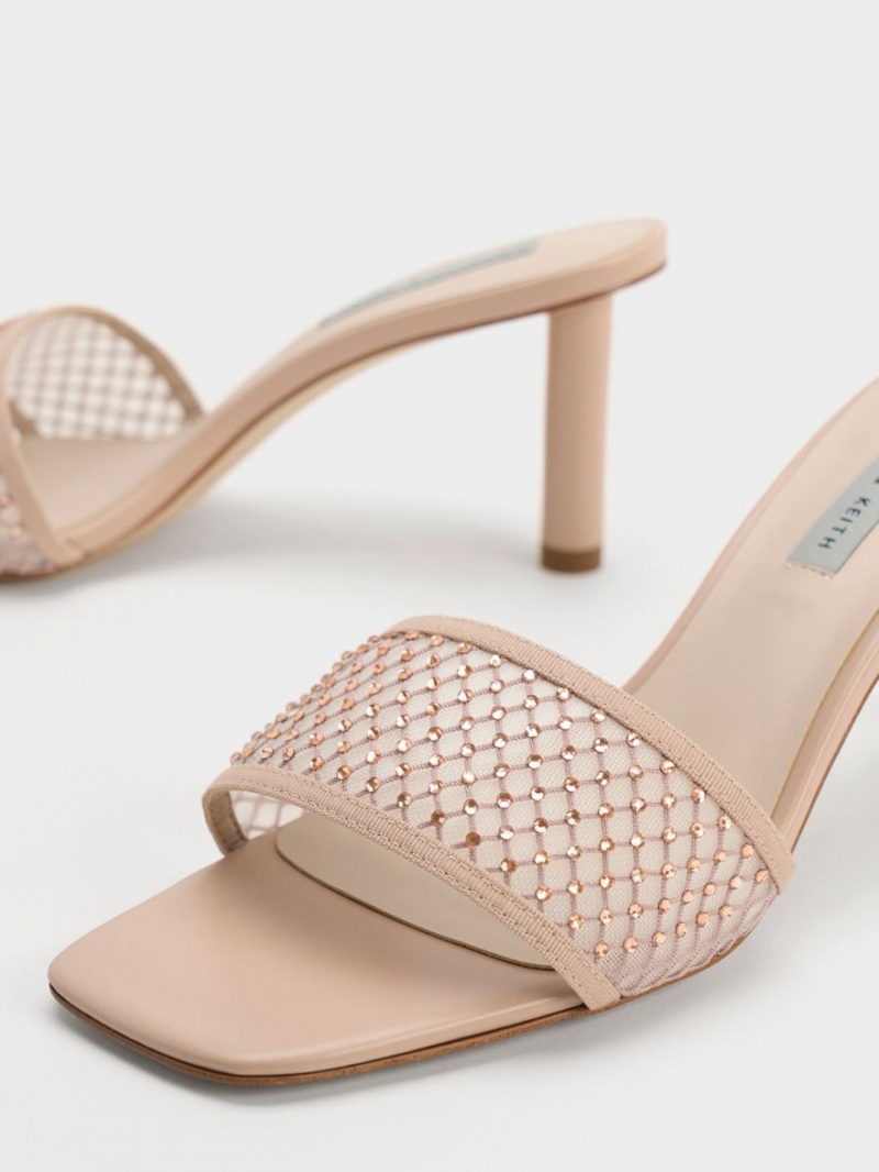 σανδαλια με τακουνι Charles And Keith Gem-Encrusted Cylindrical Heel Mesh Μπεζ | 60572-EMKZ