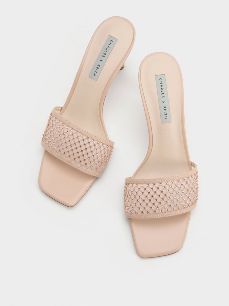 σανδαλια με τακουνι Charles And Keith Gem-Encrusted Cylindrical Heel Mesh Μπεζ | 60572-EMKZ