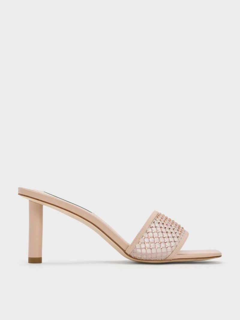 σανδαλια με τακουνι Charles And Keith Gem-Encrusted Cylindrical Heel Mesh Μπεζ | 60572-EMKZ
