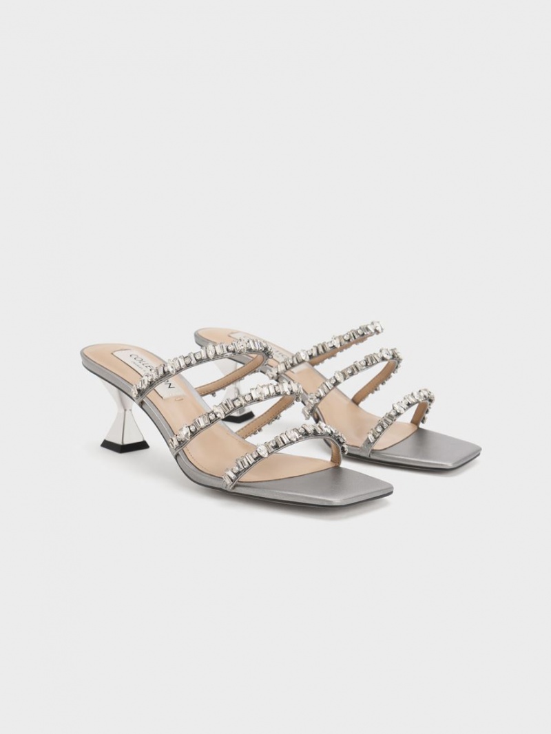Σανδάλια Με Λουριά Charles And Keith Gem-Encrusted Metallic ασημι | 21689-QMZB
