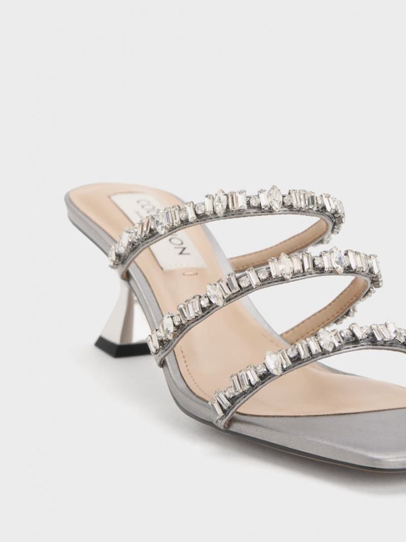 Σανδάλια Με Λουριά Charles And Keith Gem-Encrusted Metallic ασημι | 21689-QMZB