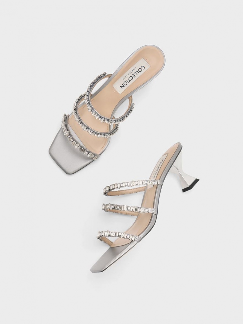 Σανδάλια Με Λουριά Charles And Keith Gem-Encrusted Metallic ασημι | 21689-QMZB