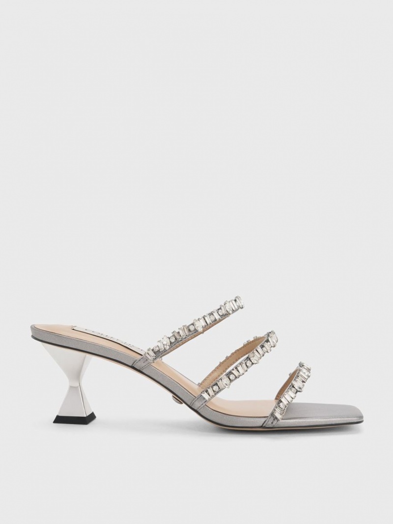 Σανδάλια Με Λουριά Charles And Keith Gem-Encrusted Metallic ασημι | 21689-QMZB