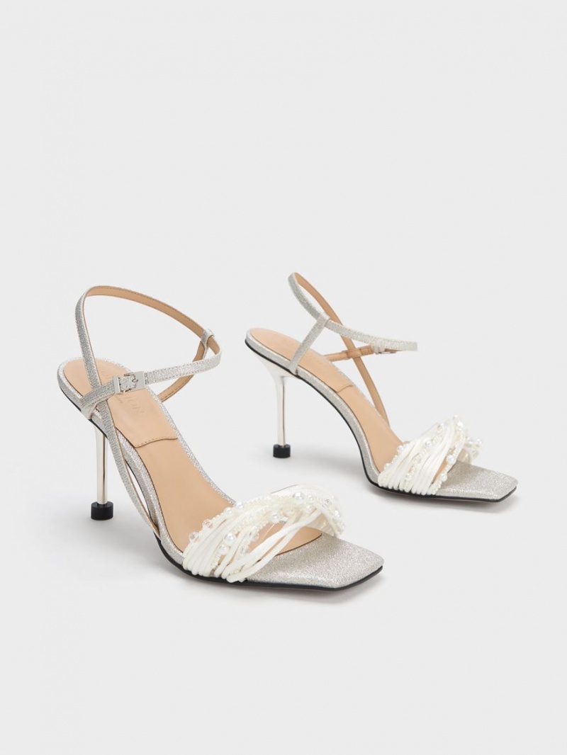 σανδαλια με τακουνι Charles And Keith Leda Beaded Asymmetric Glittered ασημι | 45879-UFRP