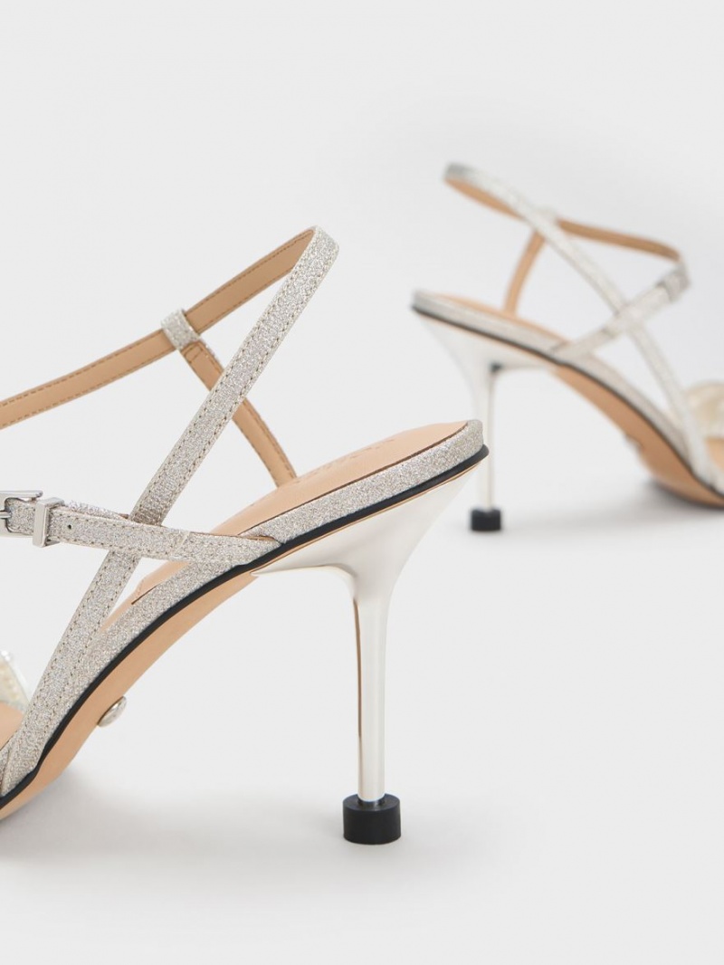 σανδαλια με τακουνι Charles And Keith Leda Beaded Asymmetric Glittered ασημι | 45879-UFRP