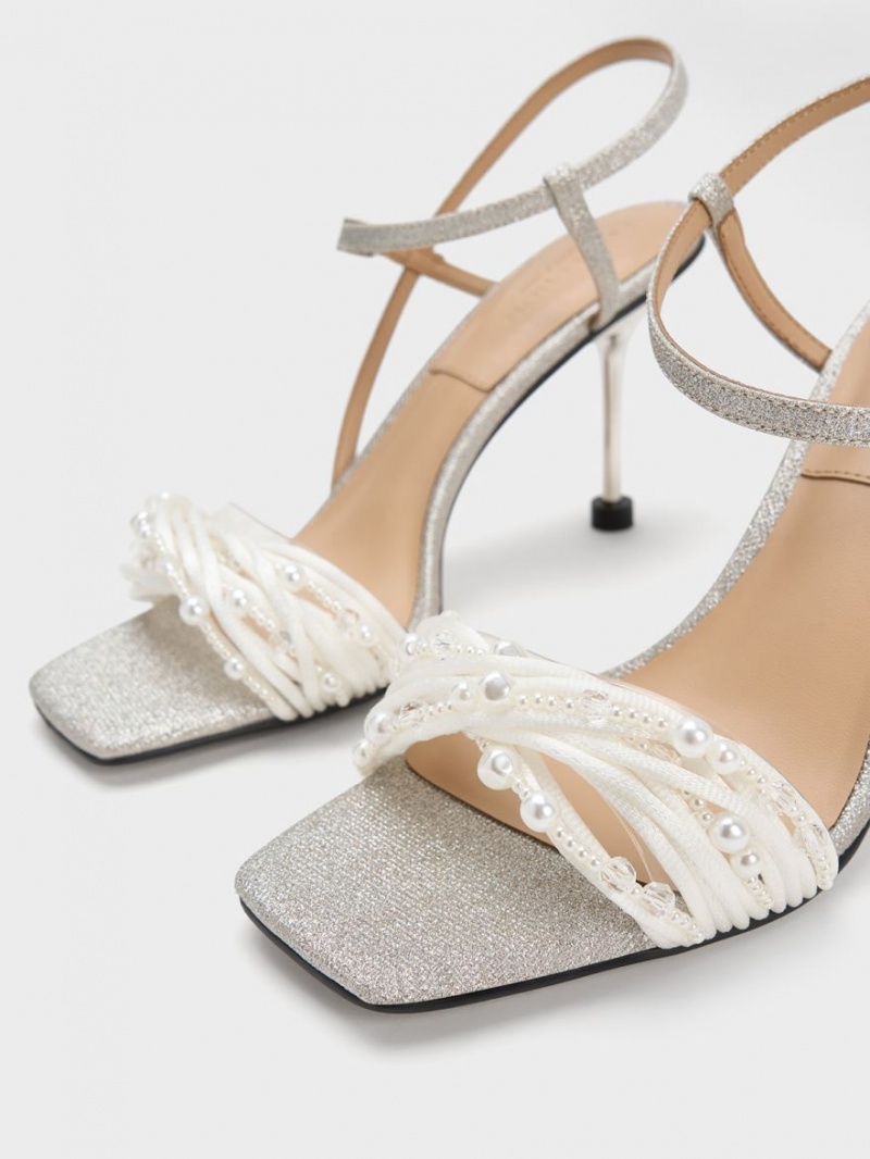 σανδαλια με τακουνι Charles And Keith Leda Beaded Asymmetric Glittered ασημι | 45879-UFRP