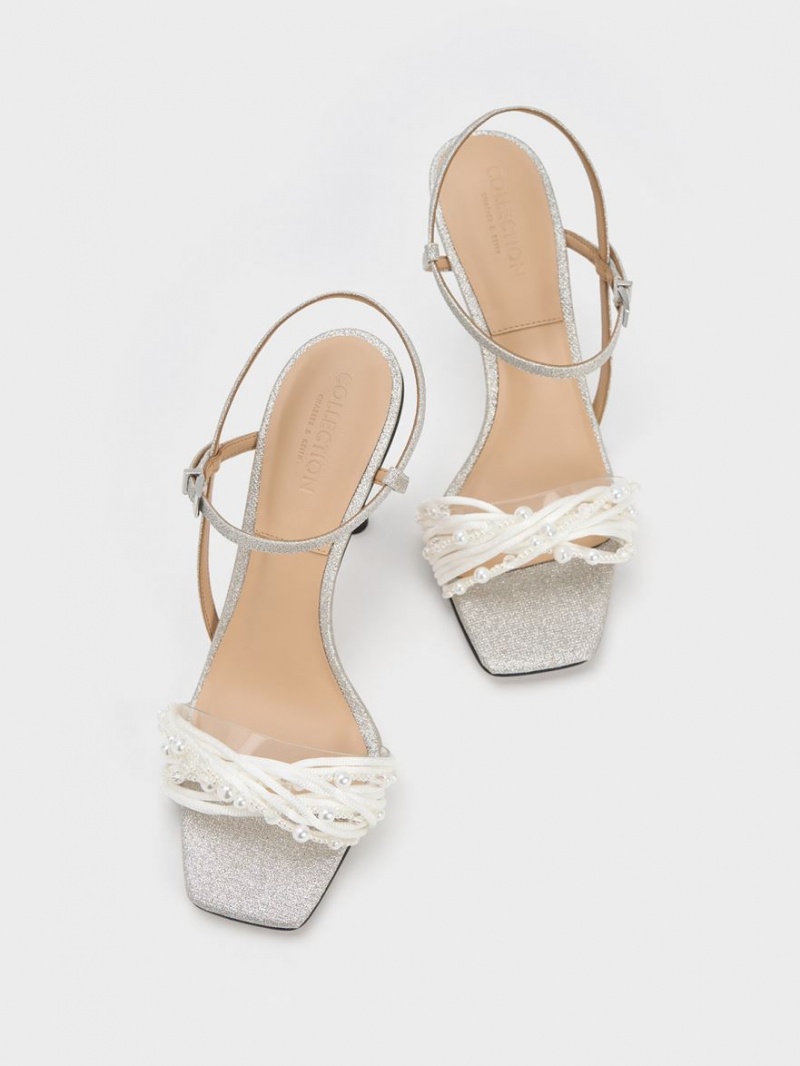 σανδαλια με τακουνι Charles And Keith Leda Beaded Asymmetric Glittered ασημι | 45879-UFRP