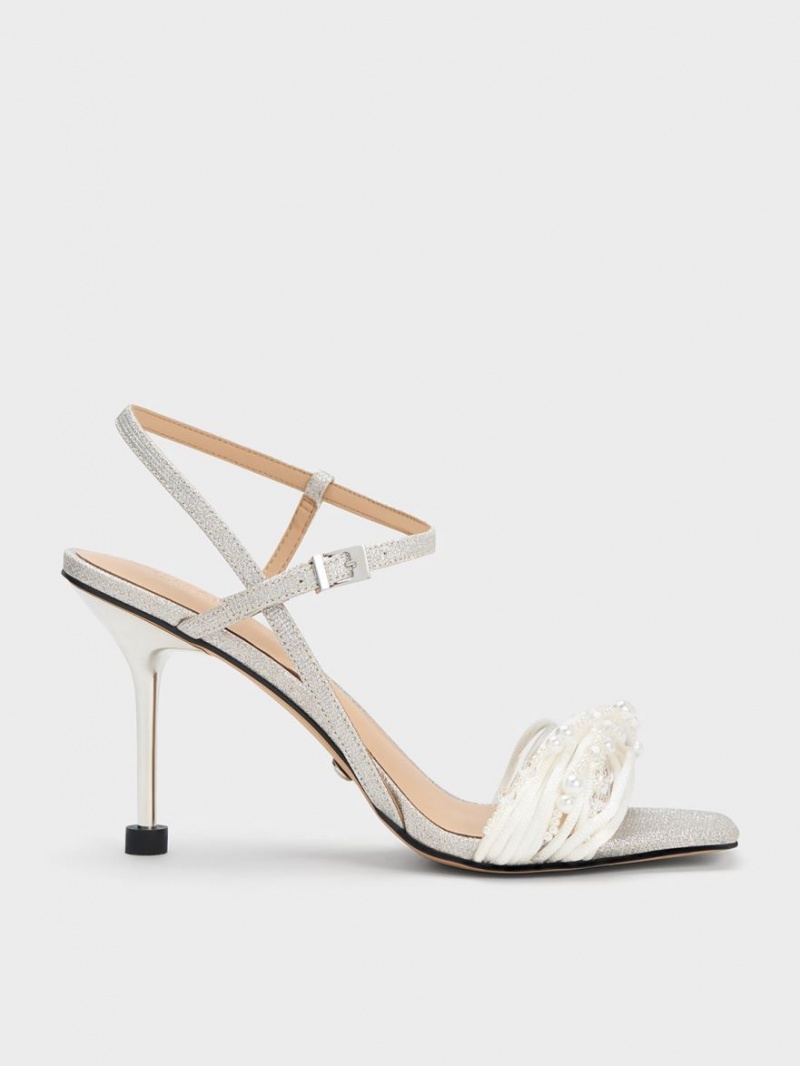 σανδαλια με τακουνι Charles And Keith Leda Beaded Asymmetric Glittered ασημι | 45879-UFRP
