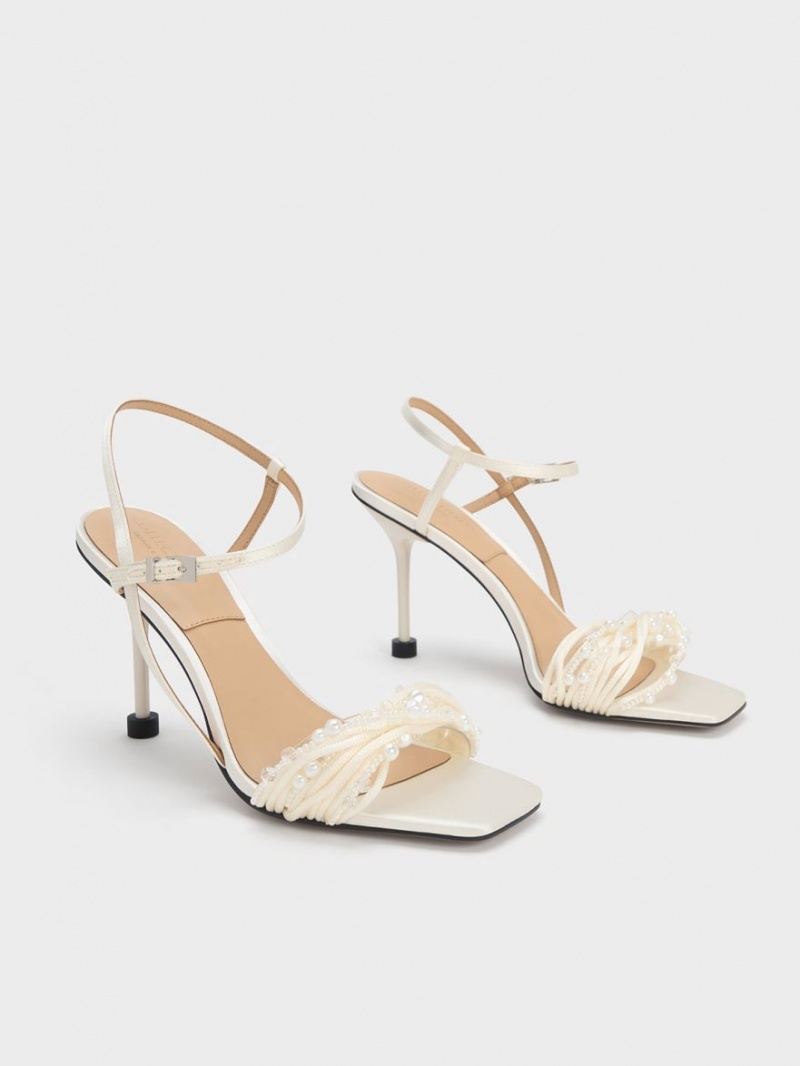 σανδαλια με τακουνι Charles And Keith Leda Beaded Asymmetric Satin ασπρα | 21597-WHVA