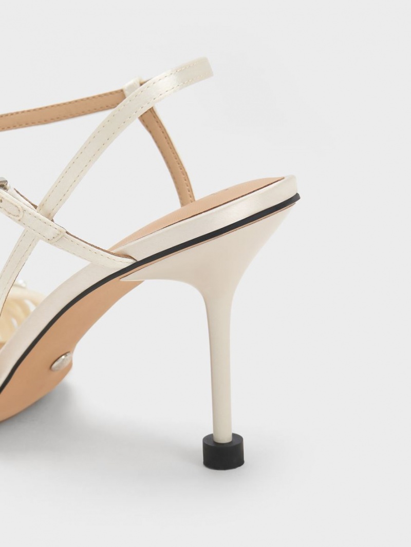 σανδαλια με τακουνι Charles And Keith Leda Beaded Asymmetric Satin ασπρα | 21597-WHVA