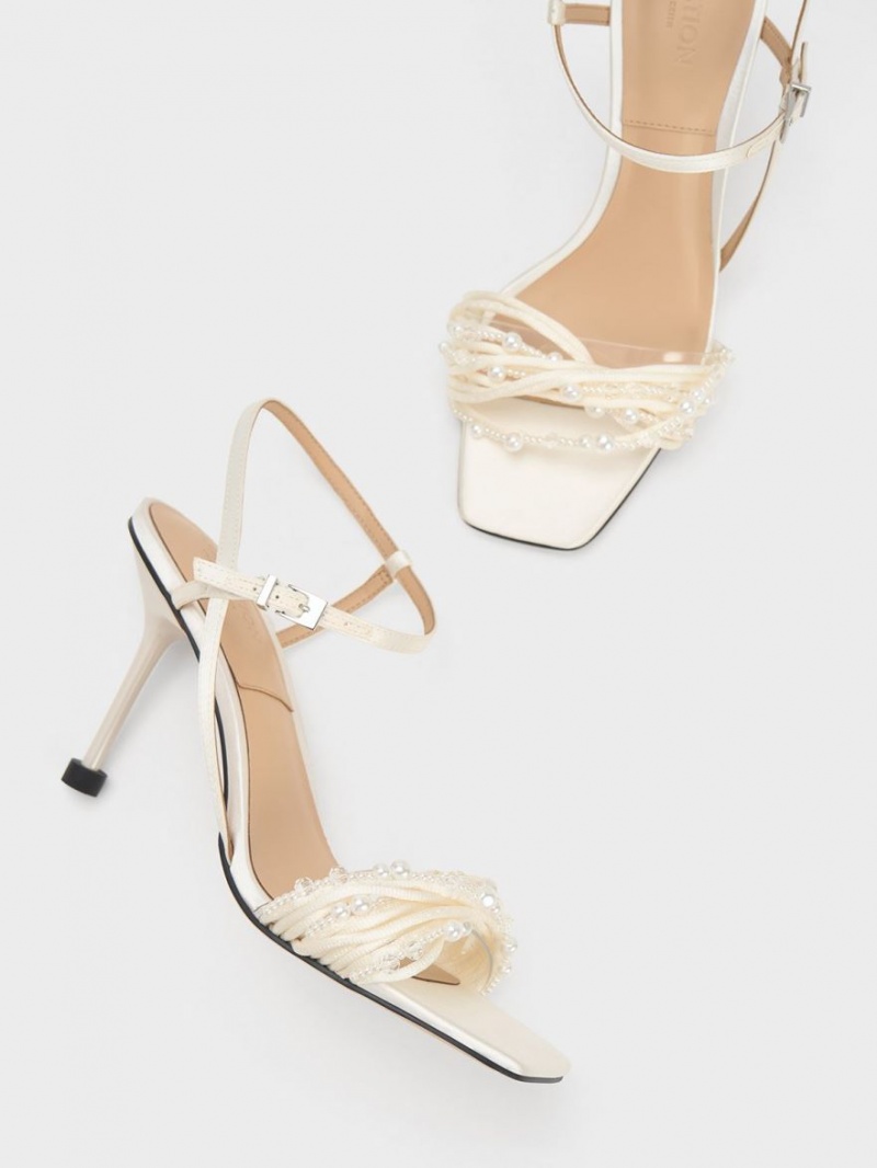 σανδαλια με τακουνι Charles And Keith Leda Beaded Asymmetric Satin ασπρα | 21597-WHVA