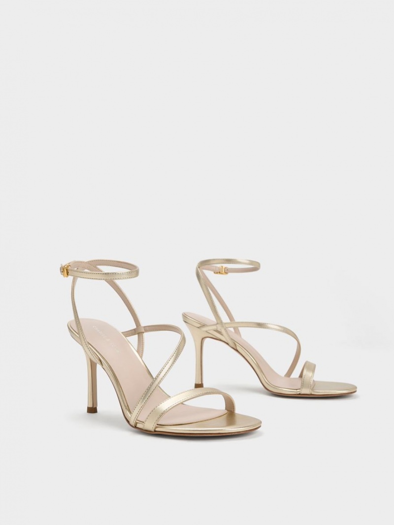 σανδαλια με τακουνι Charles And Keith Metallic Asymmetric strappy χρυσο χρωμα | 16943-TYKX