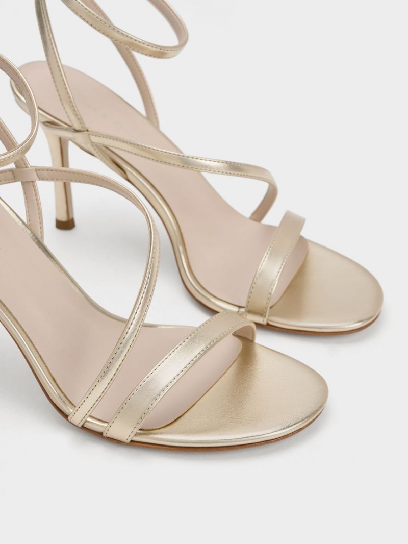 σανδαλια με τακουνι Charles And Keith Metallic Asymmetric strappy χρυσο χρωμα | 16943-TYKX