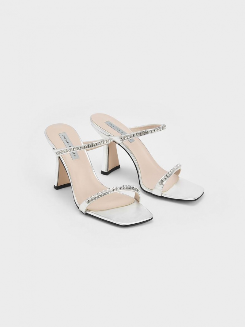 σανδαλια με τακουνι Charles And Keith Metallic Gem-Encrusted ασημι | 06289-RNPQ