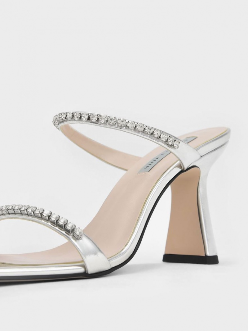 σανδαλια με τακουνι Charles And Keith Metallic Gem-Encrusted ασημι | 06289-RNPQ