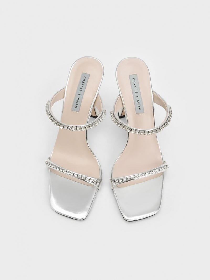 σανδαλια με τακουνι Charles And Keith Metallic Gem-Encrusted ασημι | 06289-RNPQ