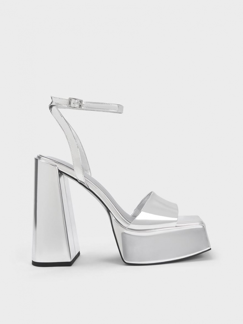 Σανδάλια Με Λουριά Charles And Keith Metallic flatforms Ankle ασημι | 24703-CEMR