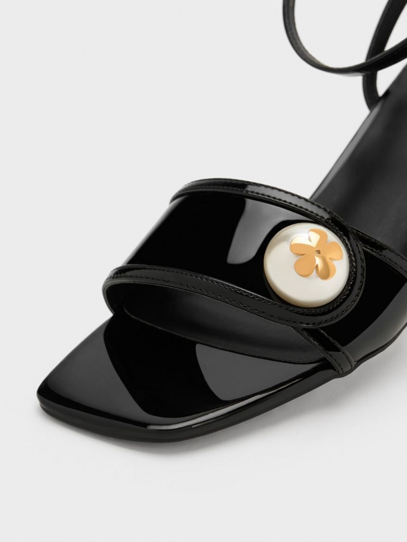 σανδαλια με τακουνι Charles And Keith Pearl-Embellished λουστρινι μαυρα | 07249-NCXV