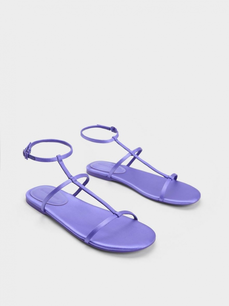 Σανδάλια Με Λουριά Charles And Keith Recycled Polyester T-Bar Ankle μωβ | 52179-SWYO