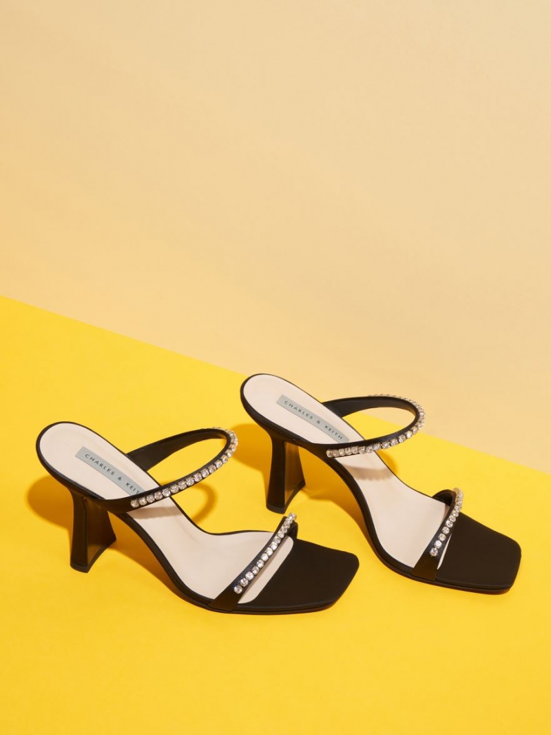 σανδαλια με τακουνι Charles And Keith Satin Gem-Encrusted μαυρα | 06582-FRAZ