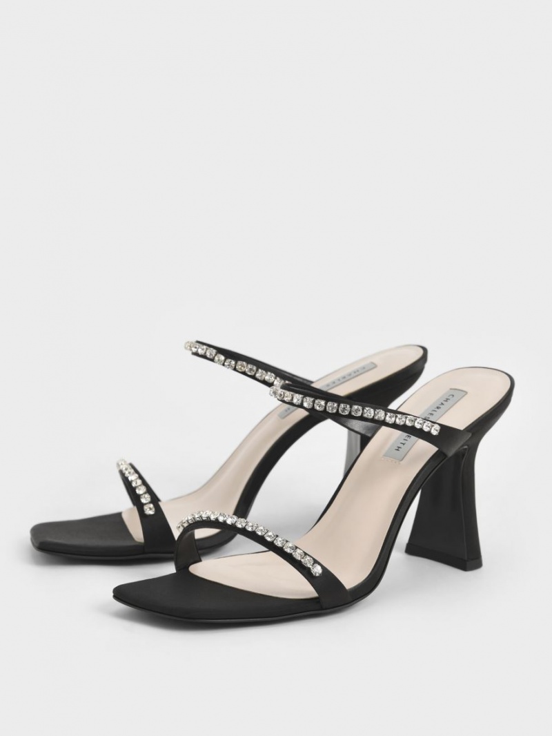 σανδαλια με τακουνι Charles And Keith Satin Gem-Encrusted μαυρα | 06582-FRAZ
