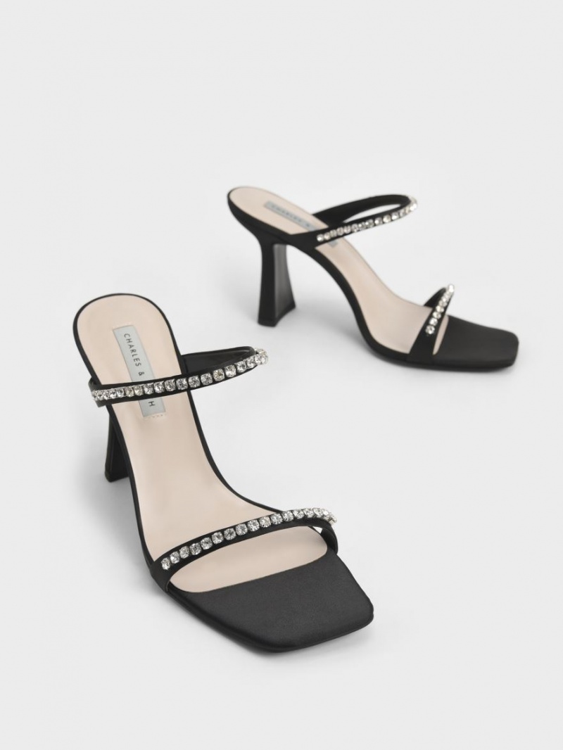 σανδαλια με τακουνι Charles And Keith Satin Gem-Encrusted μαυρα | 06582-FRAZ
