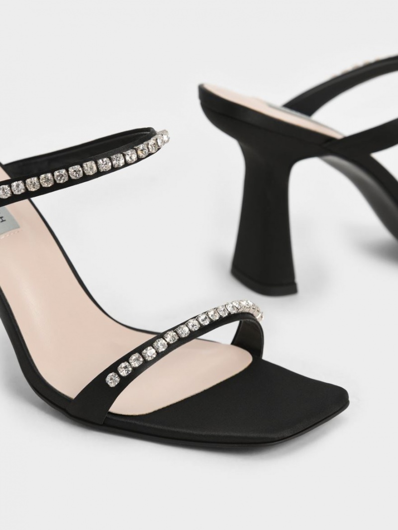 σανδαλια με τακουνι Charles And Keith Satin Gem-Encrusted μαυρα | 06582-FRAZ