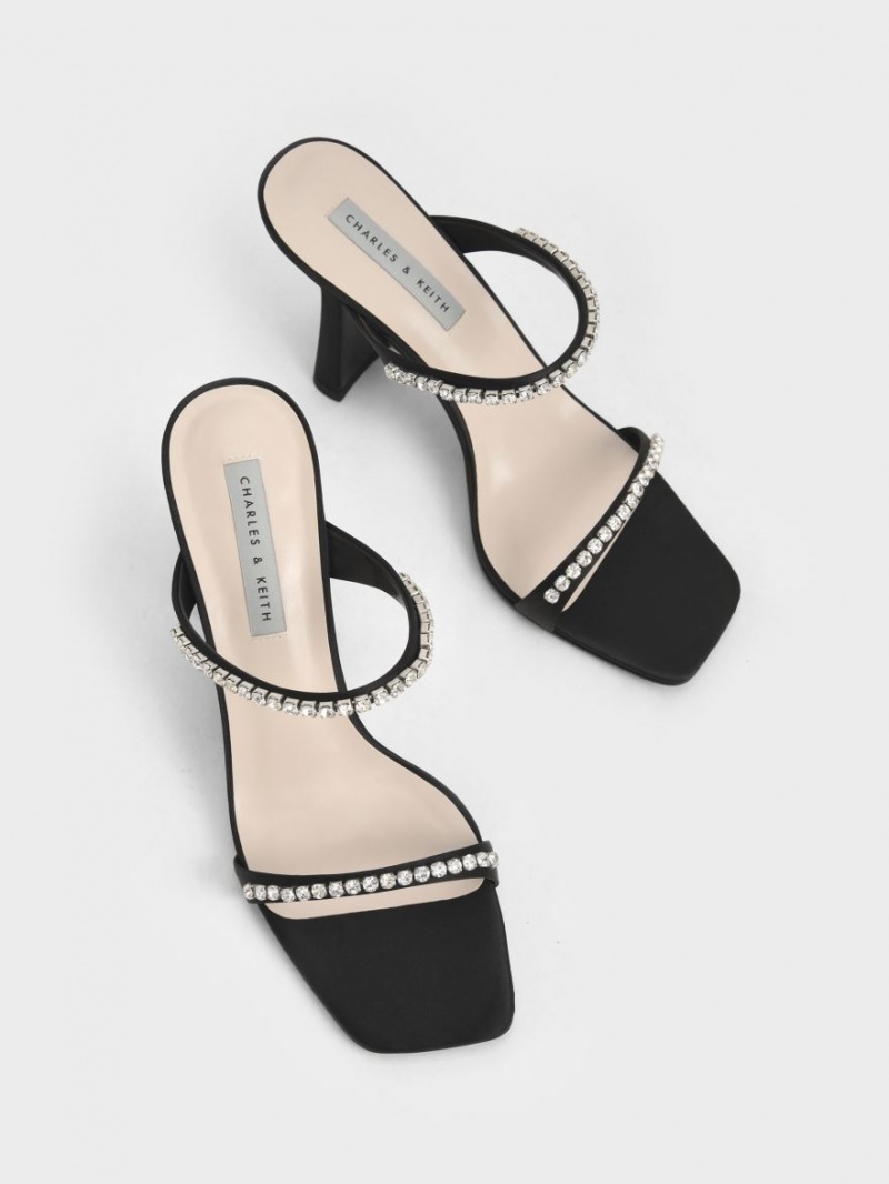 σανδαλια με τακουνι Charles And Keith Satin Gem-Encrusted μαυρα | 06582-FRAZ