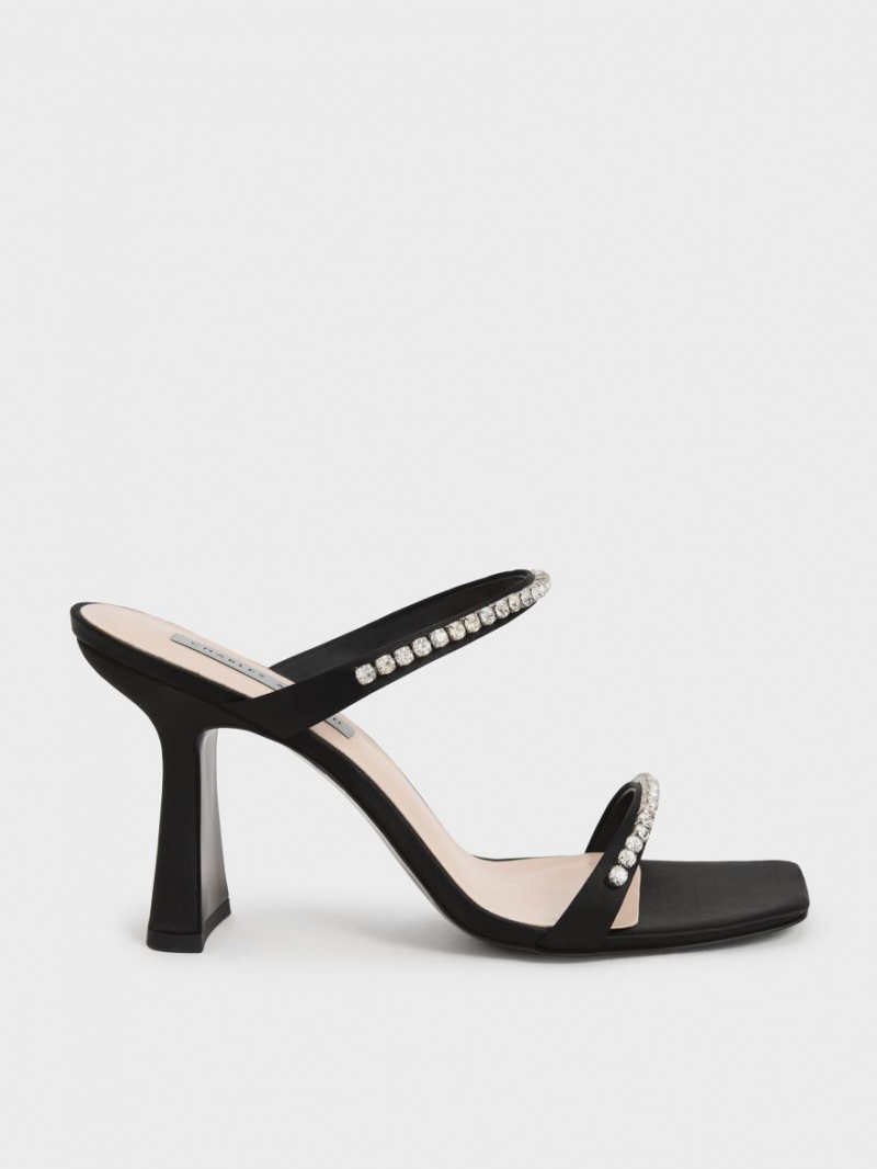 σανδαλια με τακουνι Charles And Keith Satin Gem-Encrusted μαυρα | 06582-FRAZ