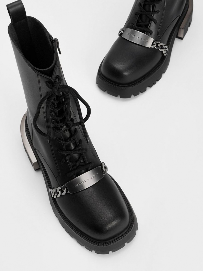 μποτεσ με κορδονια Charles And Keith Selma Metallic Accent μαυρα | 79205-CJWA