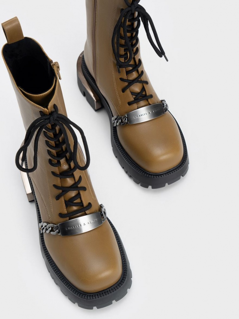 μποτεσ με κορδονια Charles And Keith Selma Metallic Accent Ελιά | 21548-UQXB