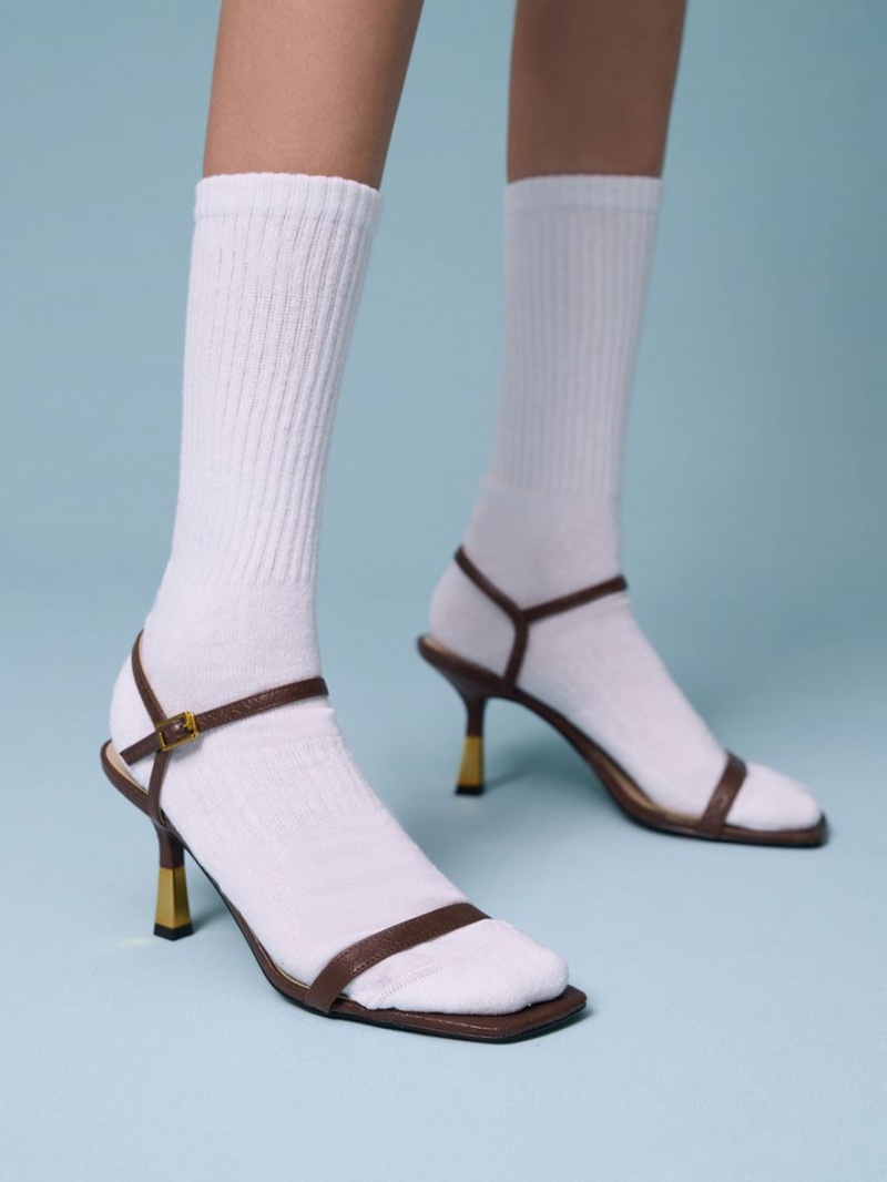 σανδαλια με τακουνι Charles And Keith Snake-Print Ankle-λουρακια καφε | 04932-GDWJ