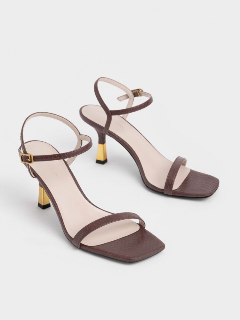 σανδαλια με τακουνι Charles And Keith Snake-Print Ankle-λουρακια καφε | 04932-GDWJ